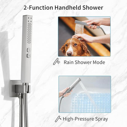 Shower Faucet Set Rainfall Shower System with Square Showerhead and Handle Set Fixture with 2 in 1 Function Handheld Sprayer Wall Mounted Trim Repair Kit Rough-in Valve 8 Inch Brushed Nickel