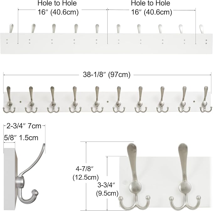 SKOLOO Creations White Solid Wood Wall Mounted Coat Rack, 10 Hooks, 38-1/8" Long - Kitchen, Mudroom, Entryway, Bathroom - Includes Mounting Hardware, Wall Coat Hanger, Towel Rack, Pack of 2