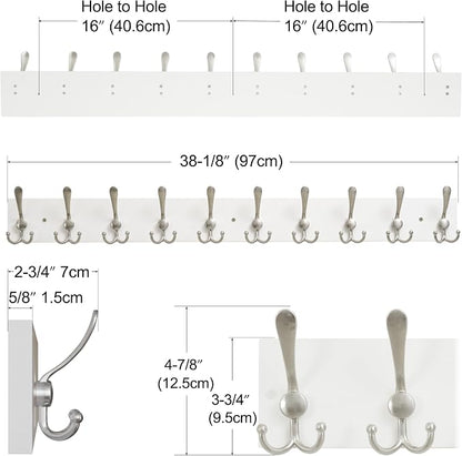 SKOLOO Creations White Solid Wood Wall Mounted Coat Rack, 10 Hooks, 38-1/8" Long - Kitchen, Mudroom, Entryway, Bathroom - Includes Mounting Hardware, Wall Coat Hanger, Towel Rack, Pack of 2