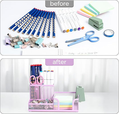 M&G Mesh Pen Holder Desk Organizers Pencil Holder for Desk Purple, 3 Compartments Metal Office Supply Organizer with Sticky Notes Holder for Home Office