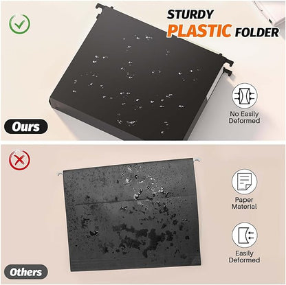 Shutex Extra Capacity Plastic Hanging File Folders,12 Pack Reinforced Hang Folders Letter Size,Accordian Pocket,Heavy Duty 2 Inch Expansion,Hard Hanging Folder Organizer for Office Home,Black