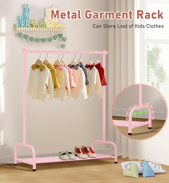 SLEEPING LAMB Kids Clothing Rack, Small Baby Clothes Rack with Bottom Storage Shelf, Kids Dress Up Rack Storage for Coats, Dance Costume Garment Rack for Hanging Clothes, Pink