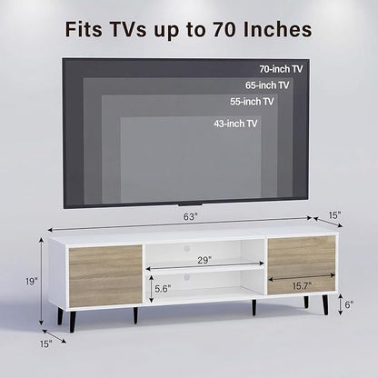 JUMMICO Mid-Century Modern TV Stand for 65-70 Inch TVs, 63 Inch Media Console with Storage, Entertainment Center with Push-Open Cabinets and Cable Management for Living Room (Oak, 63 Inches)