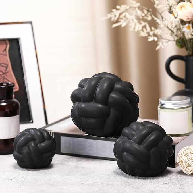 Wenqik 3 Pcs Knot Decor, Link Coffee Table Bookshelf Decor Accents, Ceramic Decorative Objects, Modern Home Minimalist Book Shelf Aesthetic Decoration, 3 Sizes (Matte Black)