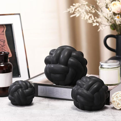 Wenqik 3 Pcs Knot Decor, Link Coffee Table Bookshelf Decor Accents, Ceramic Decorative Objects, Modern Home Minimalist Book Shelf Aesthetic Decoration, 3 Sizes (Matte Black)