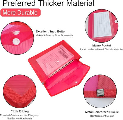 CHEPULA A4 Plastic File Folder Poly Envelope Expanding File Wallet Document Organizer with Snap Closure & Label Pocket Clear Colored Waterproof Accordion File Pouch for Office Home Storage