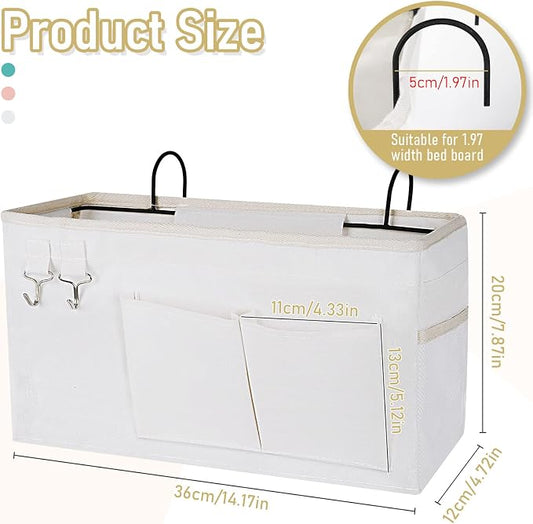 Bedside Caddy Bedside Organizer Hanging Storage Bag for Bunk College Dorm Bed and Hospital Beds with Magazine Water Bottle Phone Holder (2Pack White)
