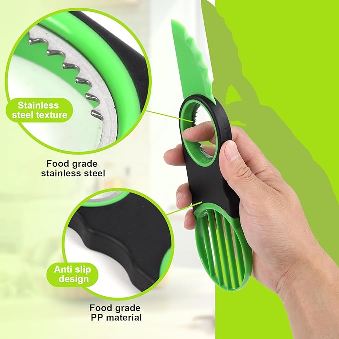 3-in-1 Avocado Slicer Tool & Stainless Steel Pitter | Multifunctional avocado cutter, peeler, and scooper with a non-slip grip. Top-rack dishwasher safe for easy cleaning.