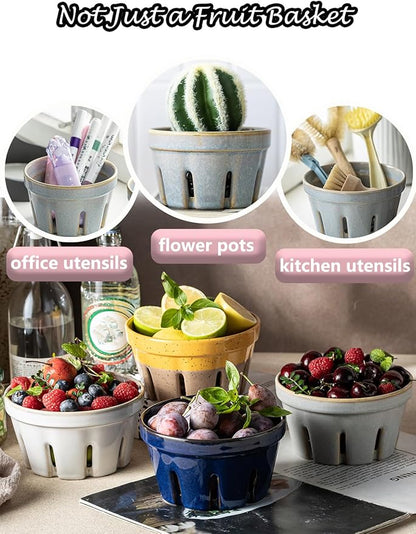 Gomakren Fruit Bowl with Holes, Ceramic Berry Basket Set of 2, 5.8 Inch Round Fruit Storage Containers for Kitchen, Farmhouse Strawberry Basket for Berries, Grape, Cherry, Gray