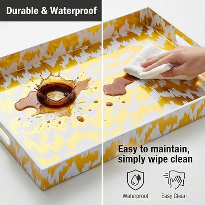 Decorative Serving Tray with Handles - 16" x 12" Large Rectangle Coffee Table Decor - Modern Gold Aesthetic Vanity Tray for Ottoman, Bedroom & Bathroom