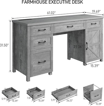 Vabches Farmhouse 61'' Executive Desk with 5 Drawers, Rustic Office Desk Computer Desk with Charging Station, File Drawers and Storage Cabinet, Wood Workstation for Home Office and Study,Grey.