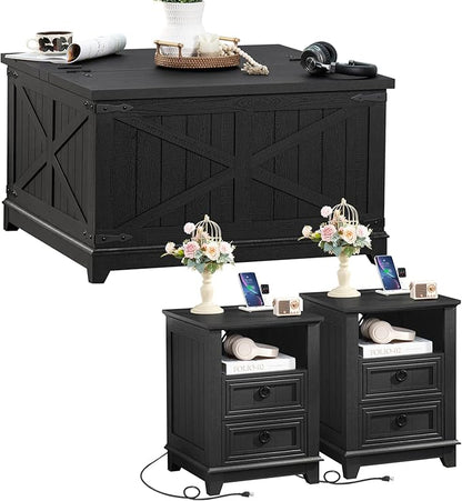 Farmhouse Coffee Table Set of 3, Furniture Set with Charging Station, Coffee Table with Hidden Storage Organizer and Nightsand 3-piece set, Country Center Table Set for Living Room,Office, Home