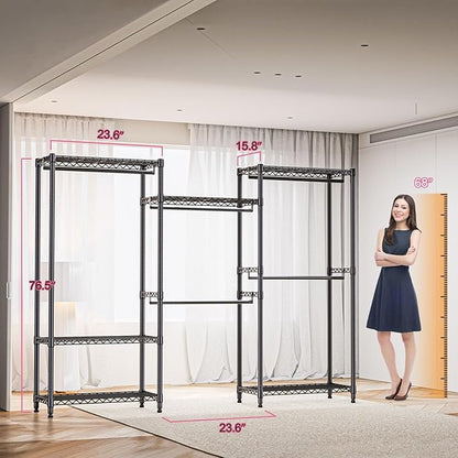 Heavy Duty Rolling Garment Rack 3 Tiers Adjustable Wire Shelving Clothes Rack with Rods Storage Closet Clothing Rack Black 15.7" D x 70.8" W x 76.5" H