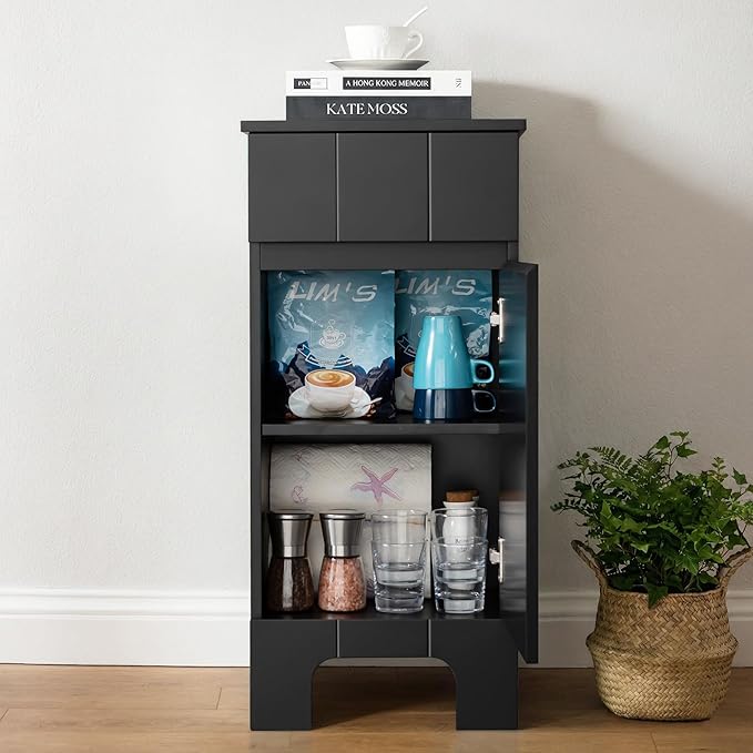 Small Bathroom Cabinet with Adjustable Shelves, Drawer, Anti-Tip Design, 14.96" L x 11.81" W x 32.09" H, Durable MDF for Bathroom, Kitchen, Laundry Storage, Soft-Close Door