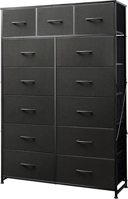 Tall Console Table with 13 Fabric Drawers, Entryway Table with Storage, Tall Storage Organizer with Wood Top, Steel Frame for Living Room, Hallway, Office, Charcoal Black