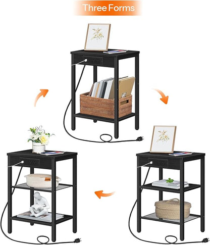 HOOBRO Side Tables Set of 2 with Charging Station and USB Port, Small End Tables for Small Space, 3-Tier Nightstands with Adjustable Shelf, for Living Room, Bedroom, Black BB112BZP201