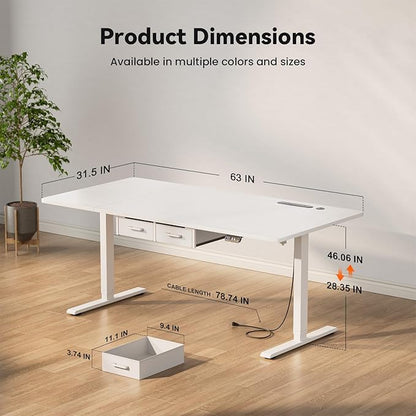 HLDIRECT Electric Standing Desk, 63 x 31.5 Inches Height Adjustable Table with Outlets, Sit Stand Computer Desk with Drawers for Home Office, Ergonomic Rising Workstation, White