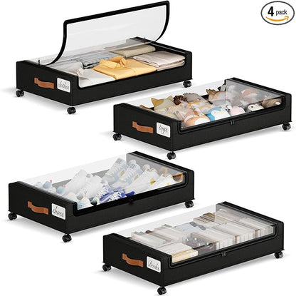 Yecaye Under Bed Storage with Wheels, 4 Pack Under the Bed Storage Containers with Lids & Label, XXL 60L Rolling Underbed Storage Drawers for Clothes, Blankets, Shoes, Black