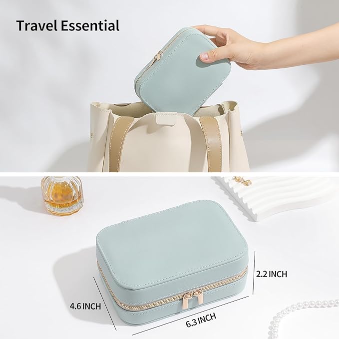 Genuine Leather Travel Jewelry Organizer Case with Mirror for Women, Small Mini Portable Jewelry Box for Ring Earrings Necklace Bracelet Luxury Gift for Women（Cyan）