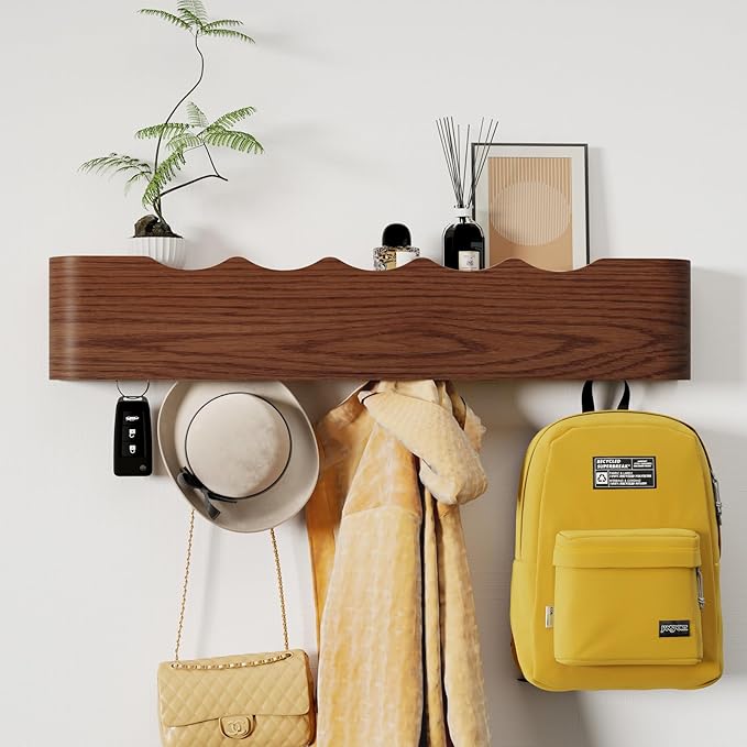 Coat Rack Wall Mount with Shelf 5 Hidden Hooks Modern Wooden Key Holder Entryway Organizer for Hallway Bedroom Bathroom Home Decor Storage for Hanging Coats Hats Bags Towels, Wave-Shape Walnut