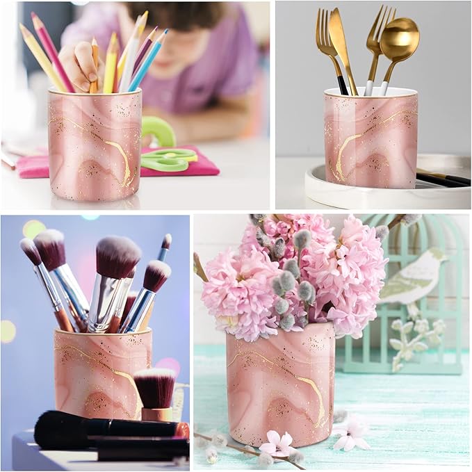 WAVEYU Large Capacity Colored Pen Holder for Desk, Ceramic Pencil Holder Pen Cup Marker Holder Makeup Brush Holders, Desk Accessories & Workspace Organizers for Home, Office, Red Marble