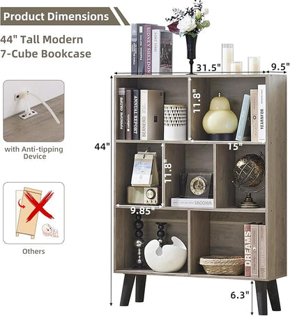 LEYAOYAO Cube Bookshelf 3 Tier Mid-Century Retro Grey Modern Bookcase with Legs,Retro Wood Bookshelves Storage Organizer Shelf,Freestanding Open Book Shelves for Bedroom,Living Room,Office