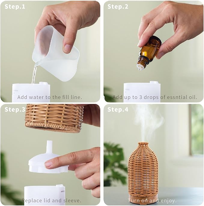 Essential Oil Diffuser - Multifunction Aromatherapy Diffuser 7 LED Color Changing Light 100ML Rattan Diffuser Easy to Clean Suitable for Home,Office (Tan)