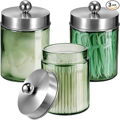 3 Pack Apothecary Jar Canisters Bathroom Vanity Organizer - Qtip Holder Storage Organizer Set Countertop Canister with Stainless Steel Lids &Cute Stickers for Qtips,Cotton Swabs,Makeup Sponges,Floss