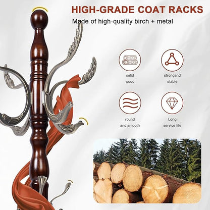Wooden Coat rack freestanding, Coat racks stand with 14 Hook, Heavy duty coat tree standing 3 Adjustable Heights for Bedroom, Entryway, Hallway, Office,Stury Base (Metal Phoenix Hook)