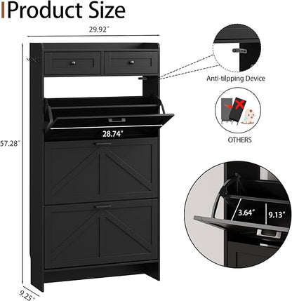 Shoe Cabinet with 3 Flip Drawers & 2 Top Drawers, 57" Tall Freestanding Narrow Wooden Shoe Storage Organizer for Entryway, Hidden Slim Shoe Rack for Front Door Entrance, Hallway, Living Room, Black