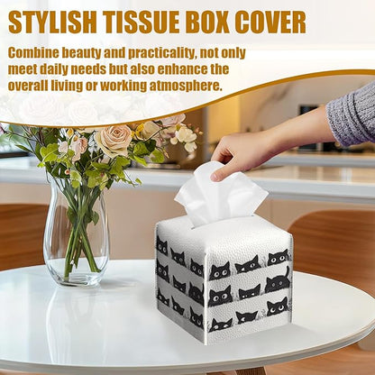 Cute Black Cat Tissue Box Cover 2PCS, Leather Tissue Box Holder Square Facial Paper Case Tissue Box Cube Organizer for Bathroom Bedroom Desk Office