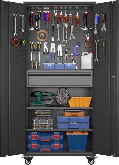 Aobabo Garage Storage Cabinet with Wheels, Metal Tool Storage Cabinet with 1 Drawer for Home,Assembly Required,Black