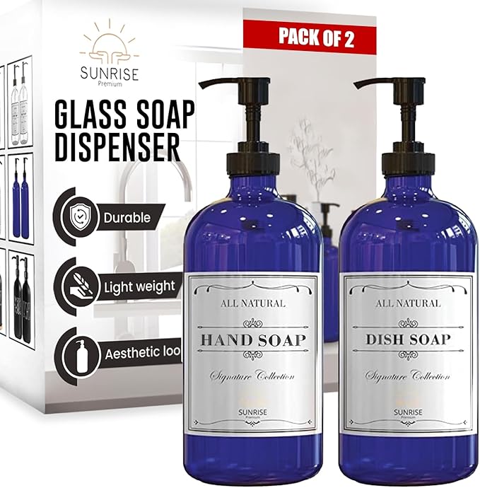 Sunrise Premium 16 OZ Cobalt Blue Glass Soap Dispenser with Pump 2 Pack, Hand and Dish Soap Dispenser Set for Bathroom and Kitchen Sink with 6 Waterproof Labels