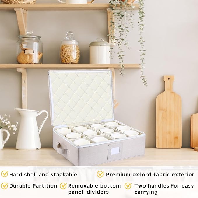 Uiifan 4 Pcs Cup and Mug Storage Box Stemware Storage Cases Containers Holds 12 Coffee Mug and Tea Cup with Lid Handle Wine Glass Box with Insert Cards for Label(Yellow)