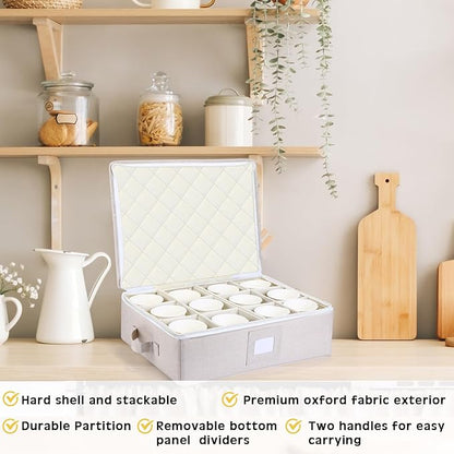 Uiifan 4 Pcs Cup and Mug Storage Box Stemware Storage Cases Containers Holds 12 Coffee Mug and Tea Cup with Lid Handle Wine Glass Box with Insert Cards for Label(Yellow)