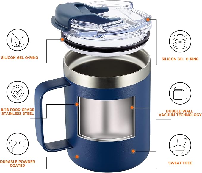 12oz Stainless Steel Insulated Coffee Mug with Handle, Double Wall Vacuum Tumbler Cup with Fliping Lid, Navy, 2 Pack