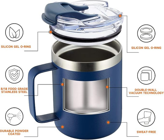 12oz Stainless Steel Insulated Coffee Mug with Handle, Double Wall Vacuum Tumbler Cup with Fliping Lid, Navy, 2 Pack
