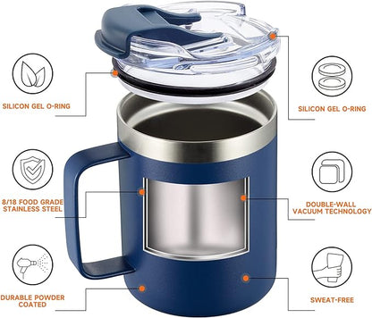 12oz Insulated Coffee Mug Cup with Handle, Stainless Steel Travel Coffee Mug with Flip Lid, Double Wall Vacuum Coffee Tumbler, Navy