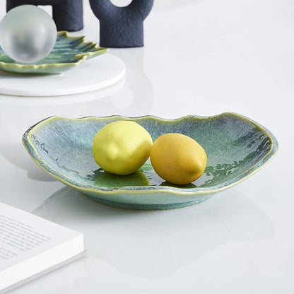 Large Ceramic Decorative Bowl, 12" Green Reactive Glaze Centerpiece Bowl, Modern Coffee Table Decor, Entryway Catchall Key Bowl, Decorative Fruit Bowl for Dining Table Living Room (12'')