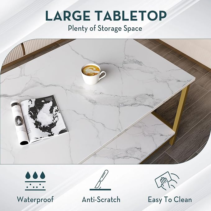 SAYGOER Coffee Table with Storage 2-Tier Industrial Center Table for Living Room, Rectangle Wood Table for Small Spaces Apartment Home Office, White Gold, Two-Tier(39.4x19.7x17.7)