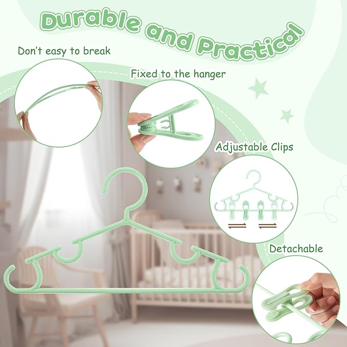 Hsei 5/10/40 Pack Baby Hangers with 10/20/80 Clips, Plastic Kids Pants Hangers for Nursery Closet Top and Bottom Clothes Hanger Set for Newborn Infant Toddler(120 Packs Total,Mint Green,10.6 Inch)