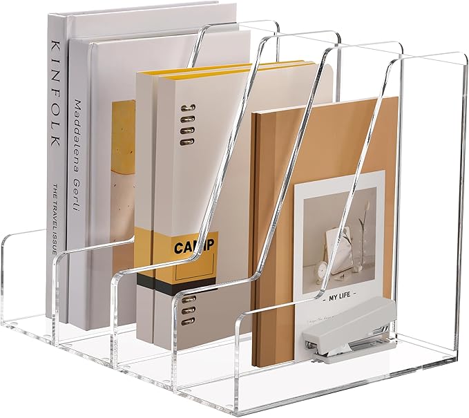 SANRUI 4 Pack Clear Acrylic Vertical File Organizer, Desk Magazine File Holder Storage Bins for Office Home Homeschool Organization