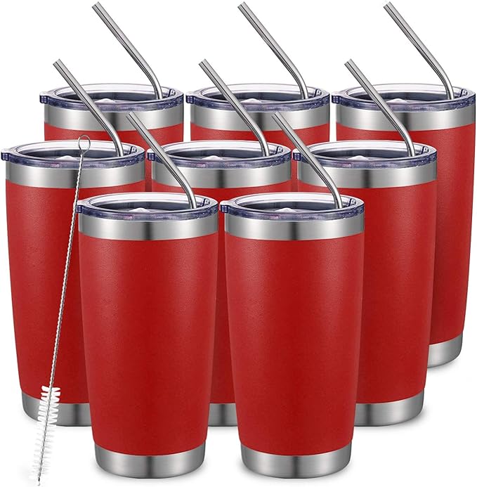 COMOOO 20oz Double Wall Vacuum Insulated Travel Mug, Stainless Steel Tumbler with Lid and Straw Durable Powder Coated Insulated Coffee Cup for Cold & Hot Drinks (Red, 8 PACK)