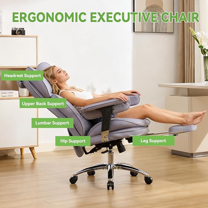 Efomao Big & Tall Executive Office Chair with Footrest - 400lbs Heavy Duty High Back PU Leather Desk Chair, Modern Ergonomic Reclining Computer Chair, Purple