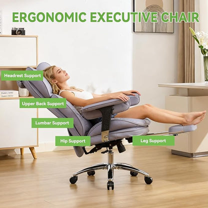 Efomao Big & Tall Executive Office Chair with Footrest - 400lbs Heavy Duty High Back PU Leather Desk Chair, Modern Ergonomic Reclining Computer Chair, Purple