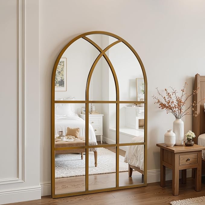 Arched Window pane Wall Mirror 24"x36", Window Shaped Farmhouse Style with Aluminum Frame, Decorative Wall Mirror Leaning Hanging for Living Room, Courtyard, Bedroom, Entryway, Bronze