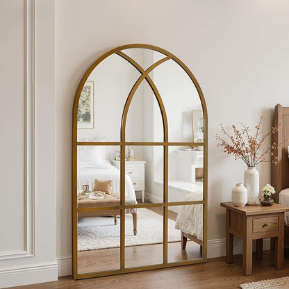 Arched Window pane Wall Mirror 24"x36", Window Shaped Farmhouse Style with Aluminum Frame, Decorative Wall Mirror Leaning Hanging for Living Room, Courtyard, Bedroom, Entryway, Bronze
