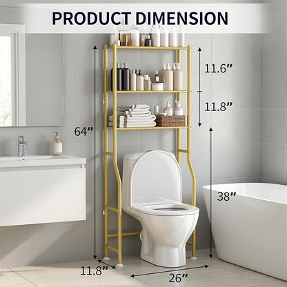 3-Tier Over The Toilet Storage, Freestanding Metal Bathroom Shelves, Space Saver Above The Over Toilet Storage Shelf for Bathroom (Gold)