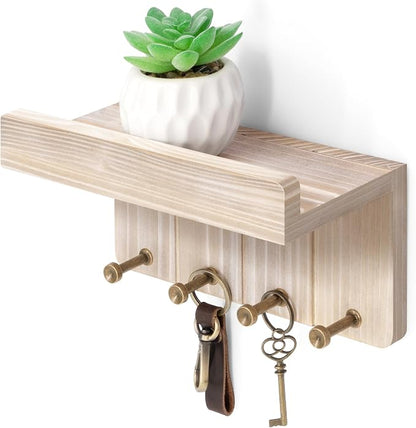 Rebee Vision Farmhouse Key Holder Wall Mount - Key and Mail Holder for Wall with Mini Floating Shelf and 4 Key Hooks - Perfect for Apartment Essentials (Natural Wood)