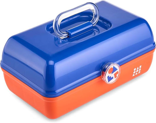 Caboodles School Spirit On-The-Go Girl Makeup Box, Blue Over Orange, Hard Plastic Makeup Organizer Box, Built-In Mirror, Secure Latch for Safe Travel, Spacious Storage for Large Items